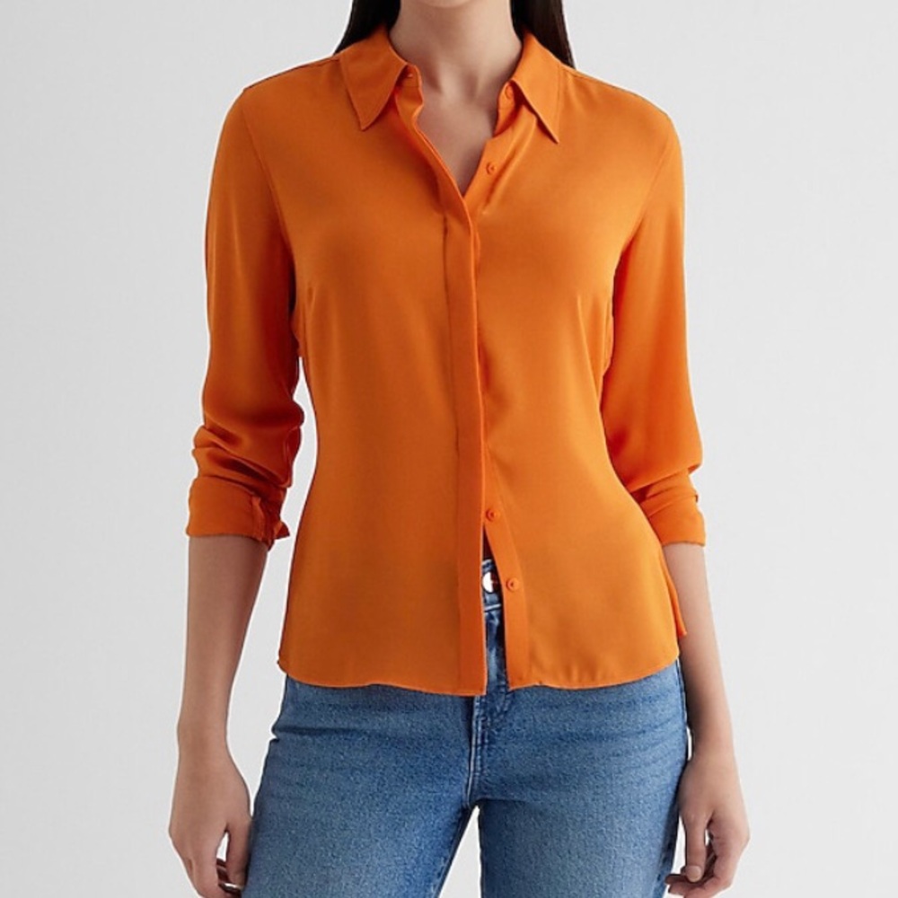 Express Portofino Orange Slim Fit Long Sleeves Top Shirt XS X-Small